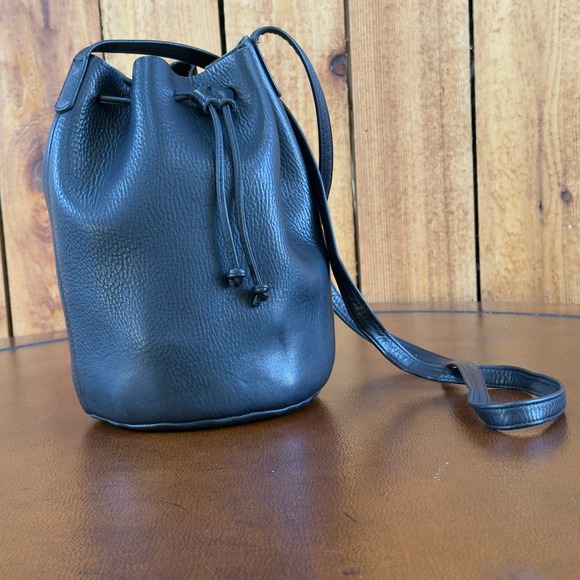 BAGGU Natural Milled Leather Bucket Bag Black Drawstring Shoulder Bag USA Made - Picture 1 of 8